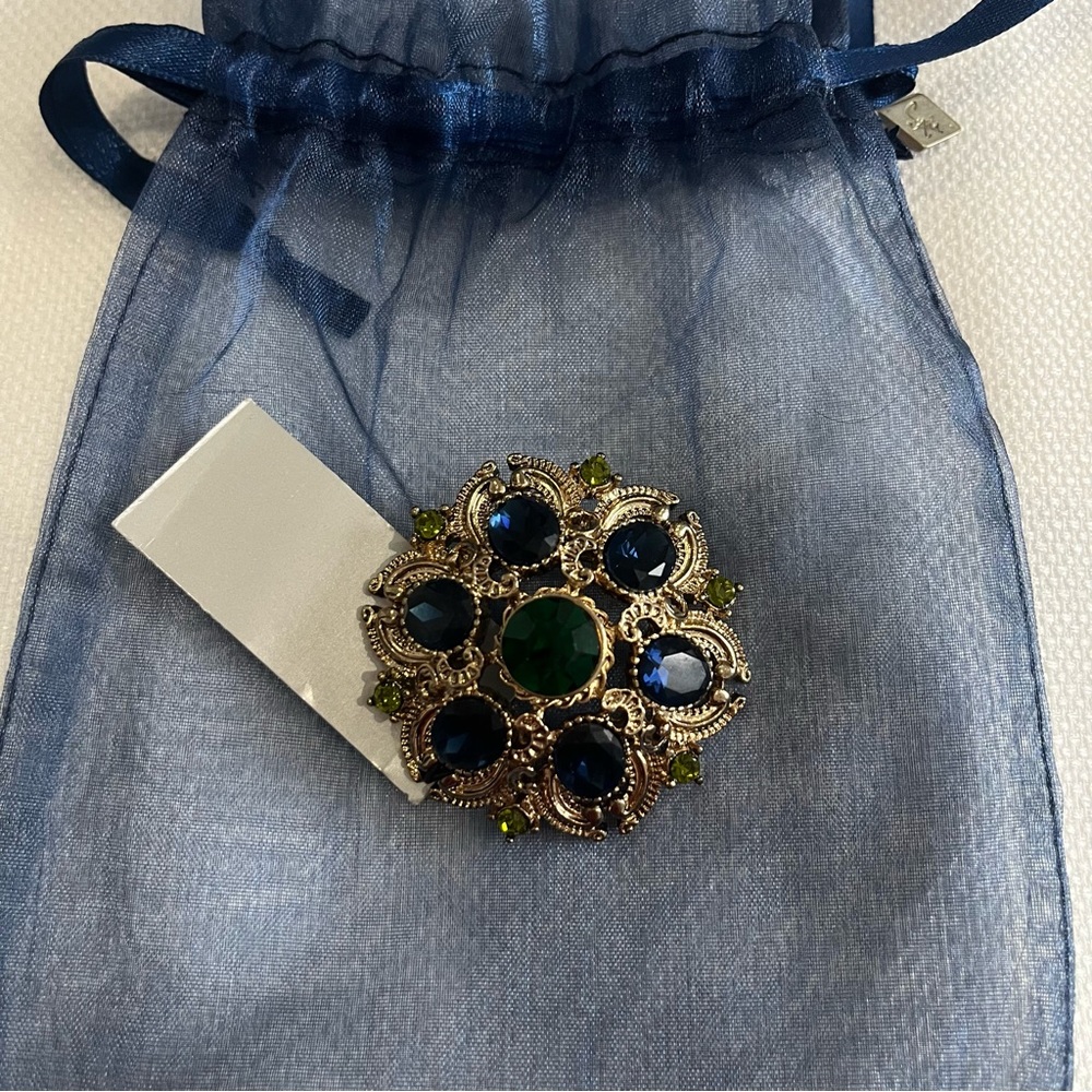 NWT Sequin Flower Blue & Green Rhinestones Peridot Crystals Vintage Brooch